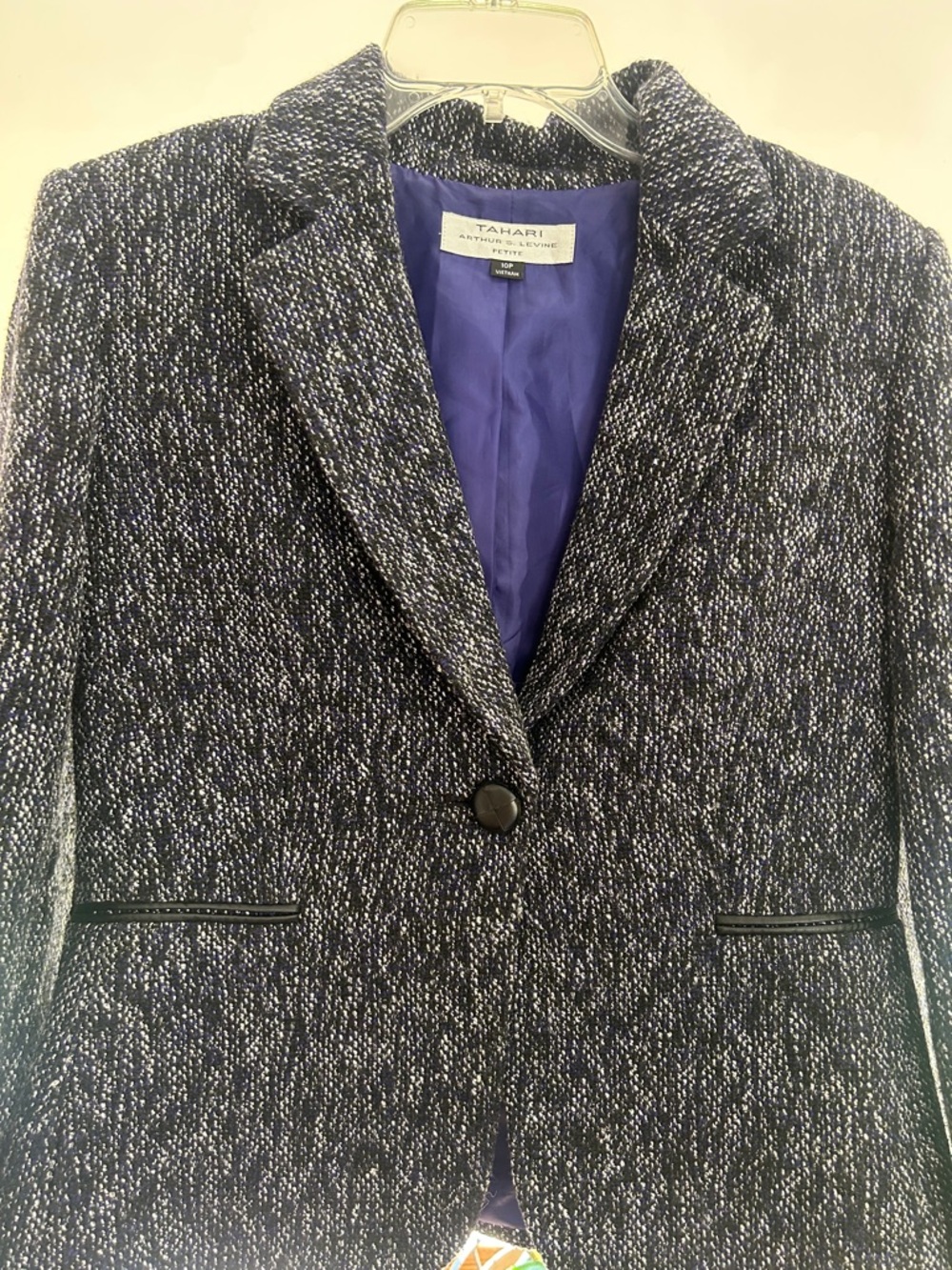 Tahari Navy and White Tweed Single-Button Blazer - Picture 3 of 7
